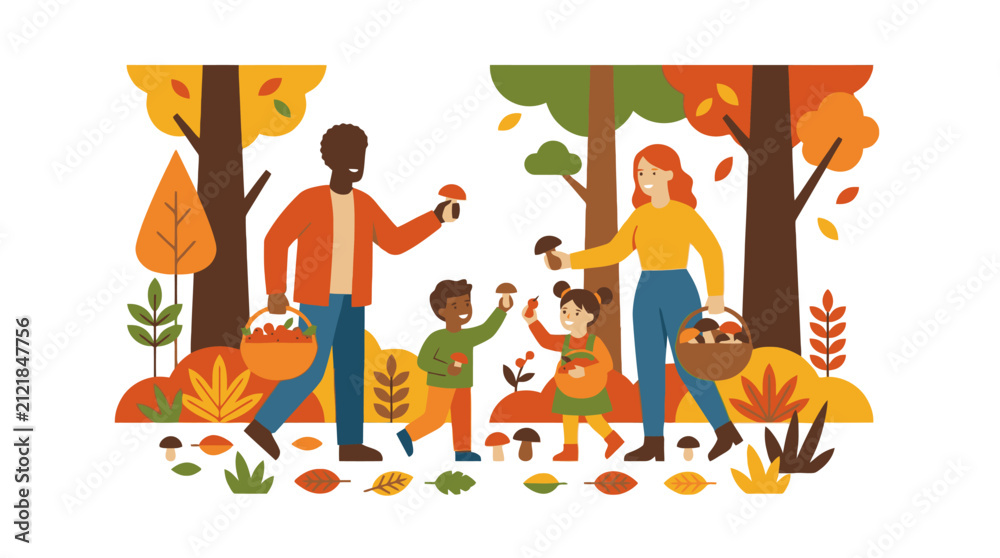 Fototapeta premium Happy family gathering mushrooms in autumn forest with colorful trees and foliage. EPS Editable