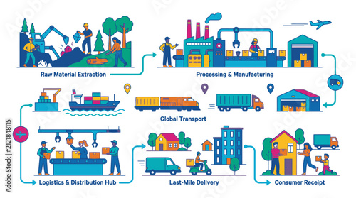Supply chain illustration showing raw material extraction manufacturing global transport logistics last mile delivery and consumer receipt vector process. EPS Editable