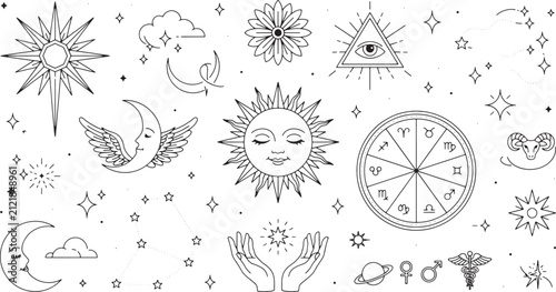 Celestial and astrological symbol collection featuring sun, moon, zodiac wheel, stars, hands, and mystical on a white background