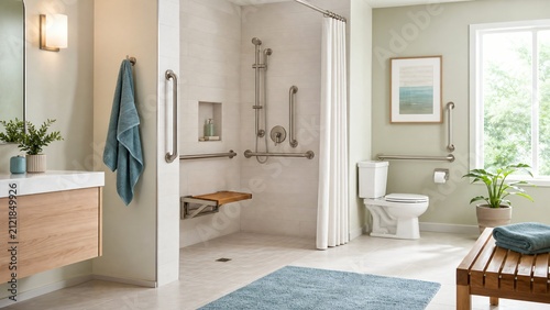 Accessible Bathroom Interior with Grab Bars and Barrier Free Shower