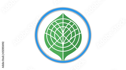 Green Leaf Icon With Geometric Grid Pattern Inside Blue Circle. EPS Editable. Vector Illustrations.