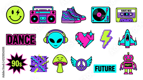 Retro nineties pop culture sticker collection with vibrant neon icons. EPS Editable. Vector Illustrations.