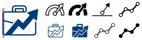 Set of business growth and financial success icons featuring briefcases and upward trending arrow charts