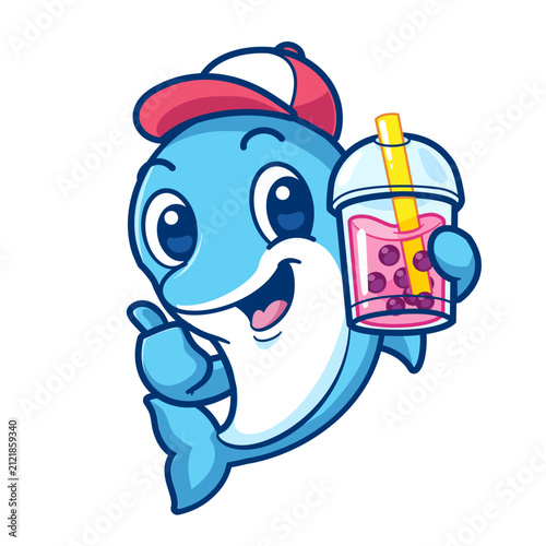 Cute Dolphin Mascot Holding Bubble Tea Boba Drink Vector Illustration