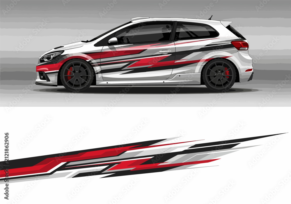 Fototapeta premium White hatchback car with dynamic red and black racing decals