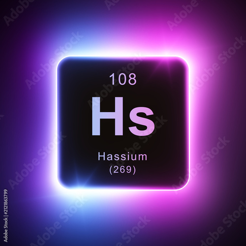 Hassium element colorful neon glowing icon lens flare, periodic table.