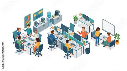 Business professionals collaborate in a modern open-plan office setting to enhance productivity and team communication.