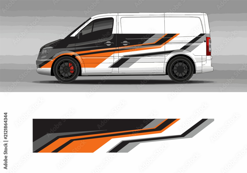 Fototapeta premium White van with dynamic orange and black racing stripes