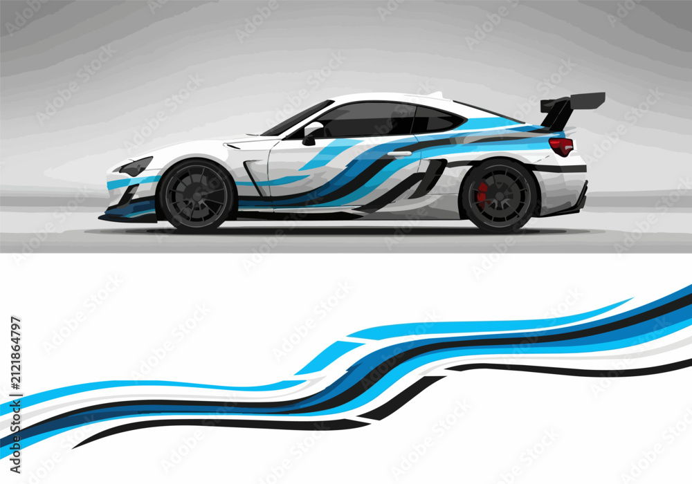 Obraz premium White sports car with blue racing stripes and spoiler