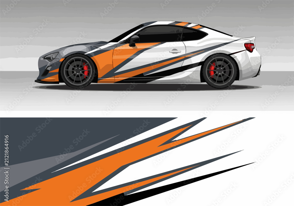 Fototapeta premium White sports car with orange and black racing decals