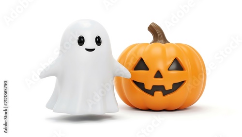 Cute Halloween Ghost and Jack O Lantern Pumpkin 3D Cartoon Character Isolated on White Background