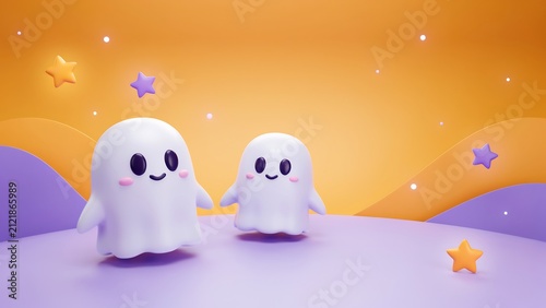 Cute Kawaii Ghost Friends on Orange Pastel Background 3D Halloween Cartoon Illustration