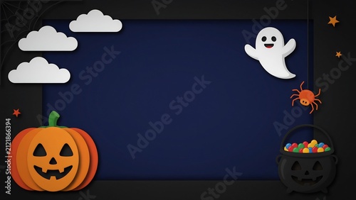 Halloween Paper Cut Background with Cute Ghost, Pumpkin, Candy Bucket and Copy Space for Seasonal Design