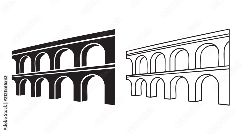Fototapeta premium roman aqueduct black silhouette and outline art vector icon design
