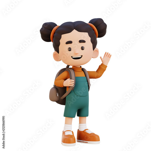 3D Child Girl Carrying Backpack School Routine Concept