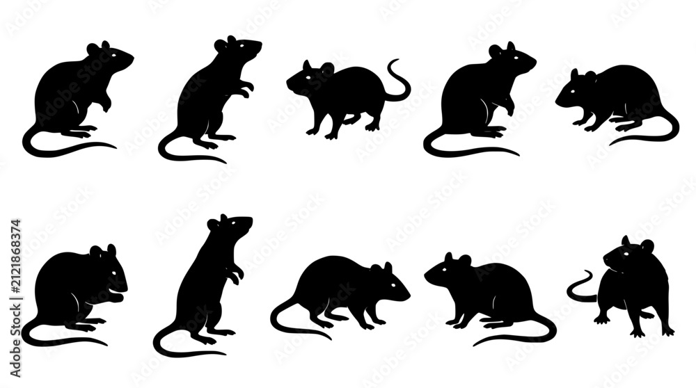 Fototapeta premium Rats in Various Poses and Positions, Black Silhouettes on White Background Featuring Rat, Silhouette, Animal with Rodent