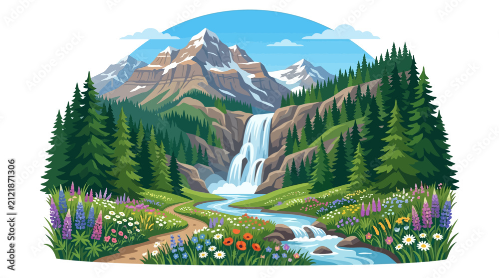 Fototapeta premium Vibrant mountain landscape with waterfall, forest, and wildflower meadow