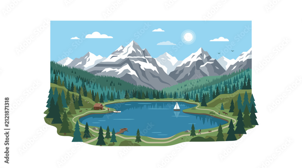 Fototapeta premium A serene mountain lake with a sailboat, surrounded by forests and snow-capped peaks.