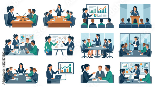 Business professionals engage in various corporate meetings and presentations to demonstrate teamwork and strategic planning in a professional workspace.