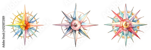 Watercolor compass roses in a variety of pastel hues create a visually appealing composition
