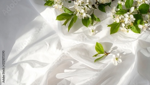 White spring blossoms on crumpled white silk background