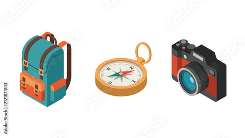 Isometric travel backpack, compass, and camera icons on a white background, representing adventure and exploration.