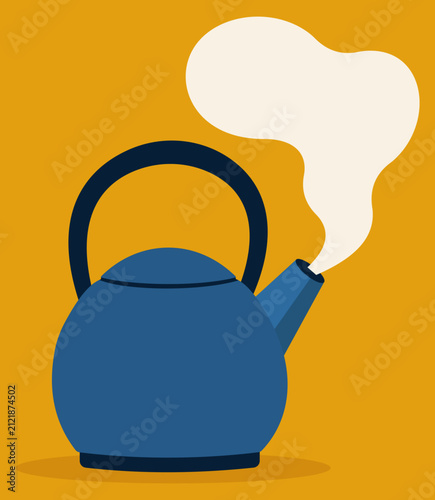Blue Boiling Tea Kettle Vector Illustration with Rising Steam on Yellow Background