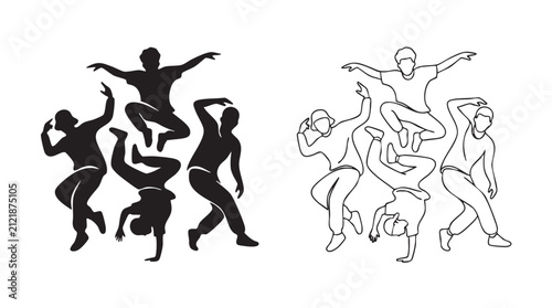 Foto street dance crew in motion black silhouette and outline art vector icon