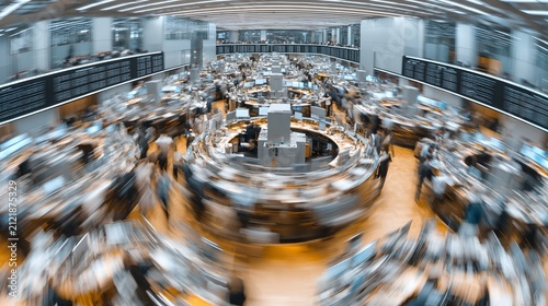 A bustling trading floor filled with people working at desks in a modern office building. The scene captures a dynamic and energetic atmosphere with many desks and computer screens in view