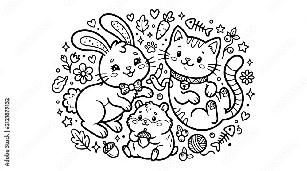 Fototapeta premium Cute cartoon bunny, cat, and hamster with carrots and flowers, line art, coloring page