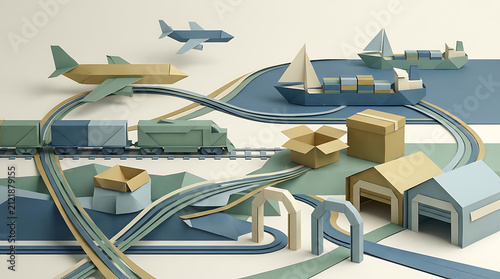 Isometric Paper Art: Global Transportation & Logistics Network with Planes, Ships & Trucks