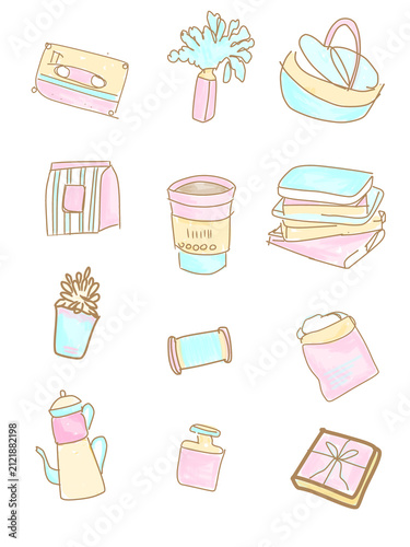 Cute pastel watercolor doodle set with cassette tape, coffee cup, books, teapot, and picnic basket illustration isolated on white background

Hand drawn vintage aesthetic line art