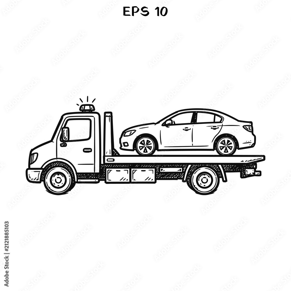 Fototapeta premium Hand drawn tow truck carrying a broken down sedan car on flatbed trailer.