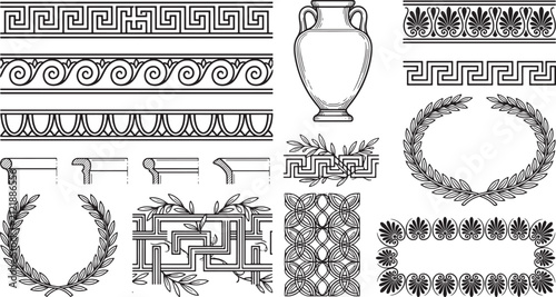 Assorted collection of ancient greek pottery, laurel wreaths, and decorative border patterns in a black and white line format