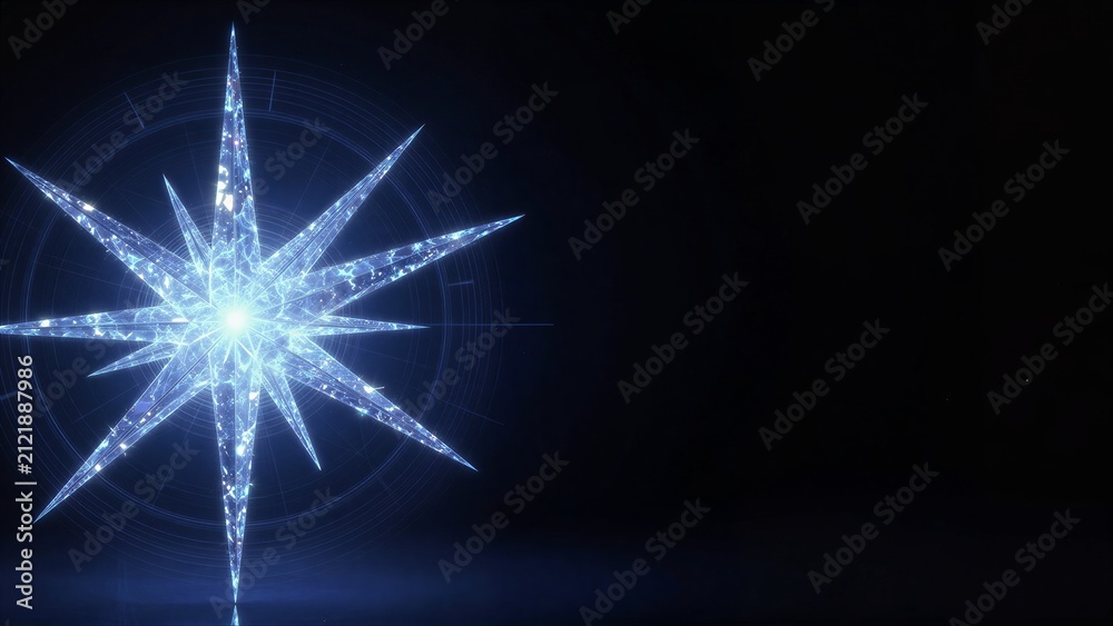 Fototapeta premium A radiant, star-shaped light form glows against a deep black background.