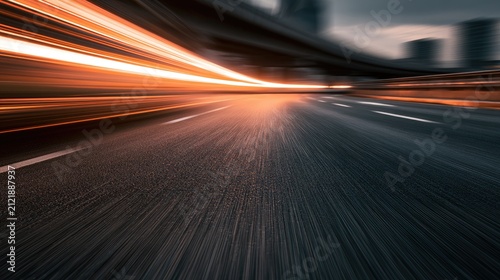 Streaks of orange light blur on a dark, fast-moving highway at dusk