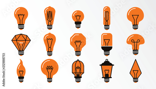 Fotografía Collection of various vintage style incandescent light bulbs with glowing orange