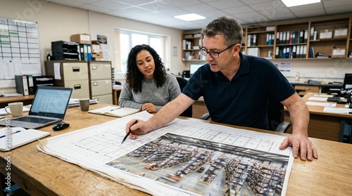 Warehouse manager and safety inspector jointly reviewing a rack inspection checklist beside a tall rack row – Warehouse Slotting Optimization Stock Photo
