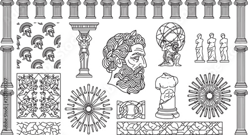 Set of ancient greek architectural featuring columns, statues, busts, patterns, and decorative borders in black and white line