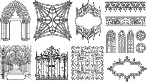 Set of gothic architectural featuring arched doorways, vaulted ceilings, ornate gates, and patterns on white background