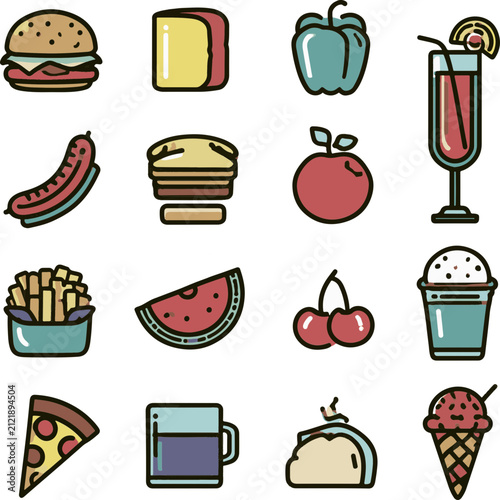 Food and Drink Icon Set with Fruits, Fast Food, Desserts and Beverages Flat Outline Vector Collection