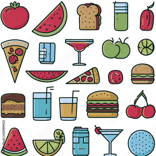Food and Drink Icon Set with Fruits, Fast Food, Desserts and Beverages Flat Outline Vector Collection