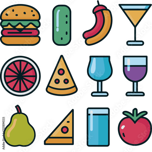 Food and Drink Icon Set with Fruits, Fast Food, Desserts and Beverages Flat Outline Vector Collection
