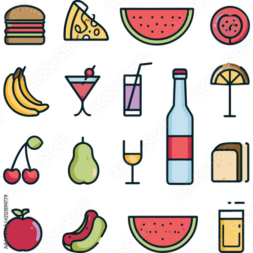Food and Drink Icon Set with Fruits, Fast Food, Desserts and Beverages Flat Outline Vector Collection