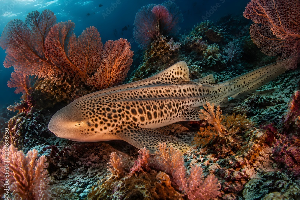 Obraz premium Zebra Shark Rests on Vibrant Coral Reef Surrounded by Sea Fans Under Warm Tropical Light