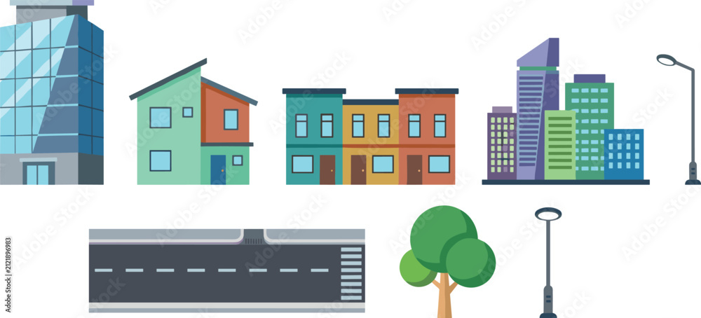 Obraz premium Modern Flat Style City Infrastructure Element Set Featuring Office Buildings, Residential Townhouses, Skyscrapers, Asphalt Road, Tree, and Street Lights
