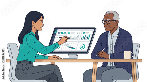 Professional business meeting with data analysis on computer screen. EPS Editable. Vector Illustrations.