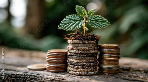 Green Seedling and Two Coin Stacks on Rustic Wood