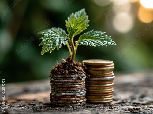 Sprout Growing from Coin Column Beside Loose Coins on Wood