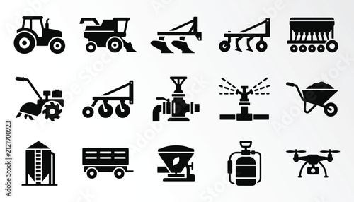 Foto Set of black agricultural machinery icons representing farming equipment tools a